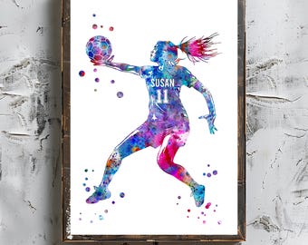 Personalized Handball Girl Watercolor Art Print (Digital Download)