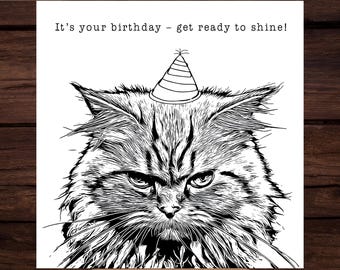 Funny Angry Cat Birthday Card Humorous Kitty Greeting (Digital Download)