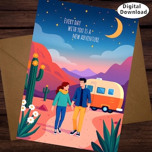Carte d'anniversaire aventure aventure en téléchargement numérique pour couple amoureux carte-cadeau paysage de montagne campeur La vie avec vous est une aventure