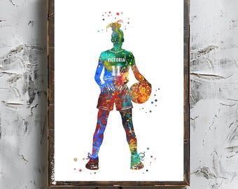 Personalized Basketball Girl Watercolor Art Print (Digital Download)