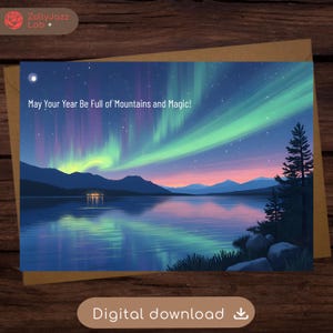 Cartão de felicitações Aurora Boreal Cartão de céu noturno com luzes do norte Paisagem florestal Cartão de aniversário para impressão para amantes da natureza Download digital