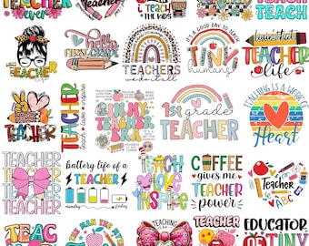Puede incluir: Una colección de coloridos diseños con temática de profesores con varios elementos de texto como "Best Teacher Ever", "First Grade" y "Coffee Gives Me Teacher Power". Los diseños incluyen lápices, corazones y arcoíris.