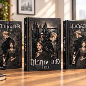 May include: Three hardcover books titled Manacled by SenLinYu, featuring dark, illustrated covers with a man and woman in the foreground. The central book is labeled II, while the two flanking books are labeled I and III, all with gothic imagery.