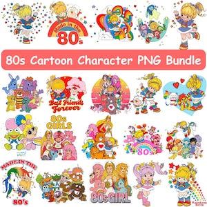 Könnte beinhalten: Eine Sammlung farbenfroher PNG-Bilder von 80er-Jahre-Cartoon-Charakteren. Die Bilder zeigen Charaktere von Rainbow Brite, Muppet Babies und anderen beliebten Cartoons. Text enthält "Made in the 80s", "Best Friends Forever" und "80s Girls".