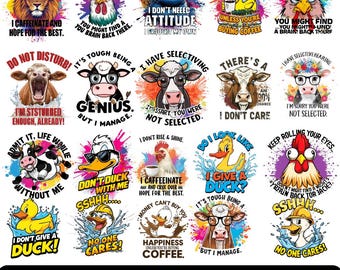 Könnte beinhalten: Eine Sammlung humorvoller PNG-Grafiken mit verschiedenen Tieren und sarkastischen Zitaten. Die Designs umfassen einen Löwen, einen Hahn, eine Katze, eine Ente, eine Kuh und mehr, mit Sätzen wie "Ich brauche keine Einstellung" und "Es ist mir egal". Der Text "SARCASTICS PNG BUNDLE" befindet sich unten.
