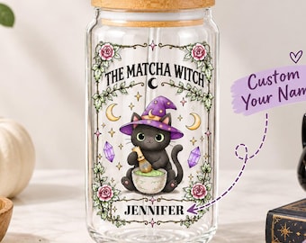 Personalized Halloween Matcha Glass Can, Black Cat Witch Cup, Bamboo Lid & Straw, Matcha Lover Gift