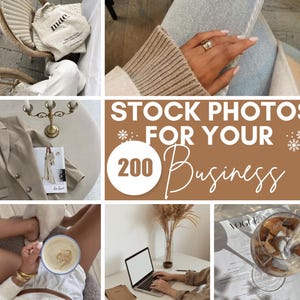 May include: A collage of images featuring various lifestyle and aesthetic elements, including a cup of coffee, a book, a bouquet of white lilies, a laptop, and a person wearing a sweater. The text "STOCK PHOTOS FOR YOUR 200 Business" is displayed in the center of the collage.