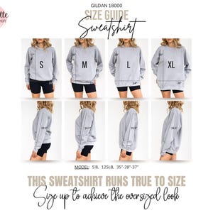 May include: A Gildan 18000 sweatshirt size guide featuring eight images of a grey crewneck sweatshirt in sizes S, M, L, and XL. The chart displays front and side views with measurements in inches, including lengths of 27, 28, 29, 30 and widths of 20, 22, 24, 26.