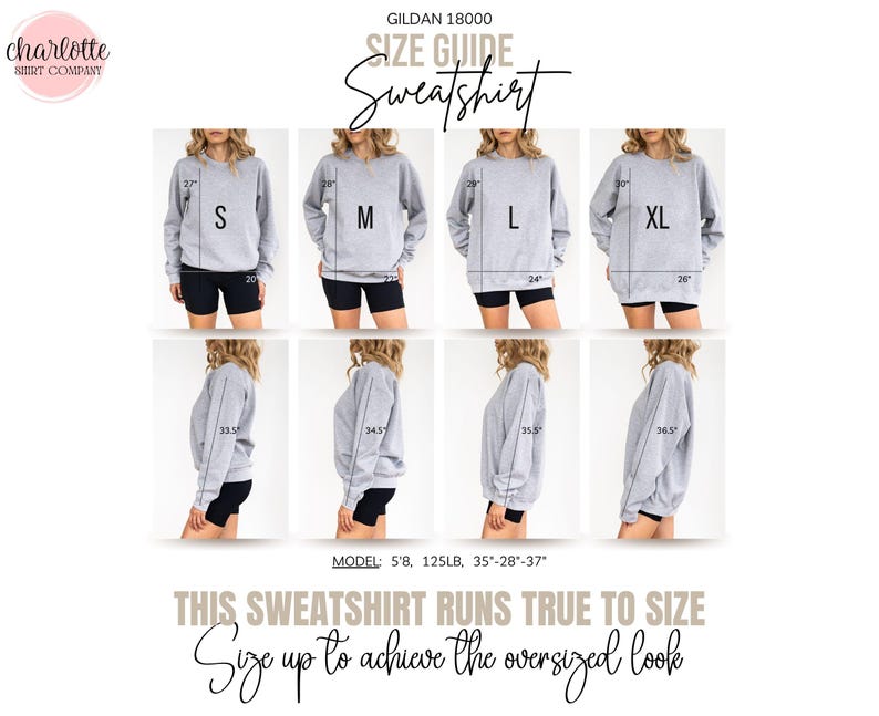 May include: A Gildan 18000 sweatshirt size guide featuring eight images of a grey crewneck sweatshirt in sizes S, M, L, and XL. The chart displays front and side views with measurements in inches, including lengths of 27, 28, 29, 30 and widths of 20, 22, 24, 26.