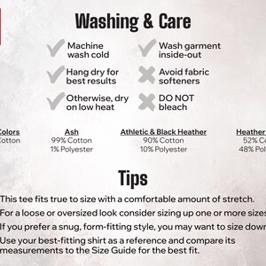 May include: Image with washing and care instructions for a tee shirt. Includes details on machine washing cold, hang drying, and avoiding bleach and fabric softeners. Also lists fabric composition percentages.