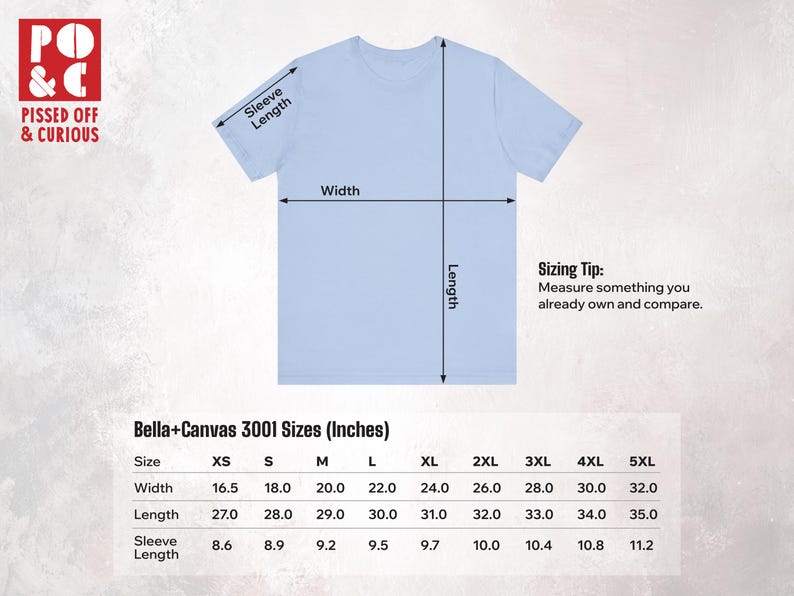 May include: Light blue t-shirt with sizing information and measurements in inches. The shirt's dimensions are indicated with arrows for width, length, and sleeve length. The Bella+Canvas 3001 sizes are listed, with a sizing tip to compare measurements.