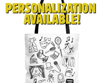 May include: White tote bag with black and white illustrations of items related to acting, such as a microphone, a script, a mask, and a stage curtain. The text "Actor" is written in cursive at the bottom of the bag. The text "Personalization Available!" is written in yellow at the top of the image.