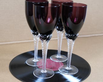 Vintage Amethyst Wine Glasses Set of 4 Twisted Stem Goblets Purple Barware