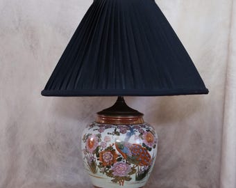 Vintage Chinoiserie Porcelain Peacock Lamp Asian Floral Famille Rose Style Crackle Glaze Table