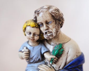 Vintage Saint Joseph Figurine Religious Statue Child Jesus Catholic Decor Hand Painted Figure