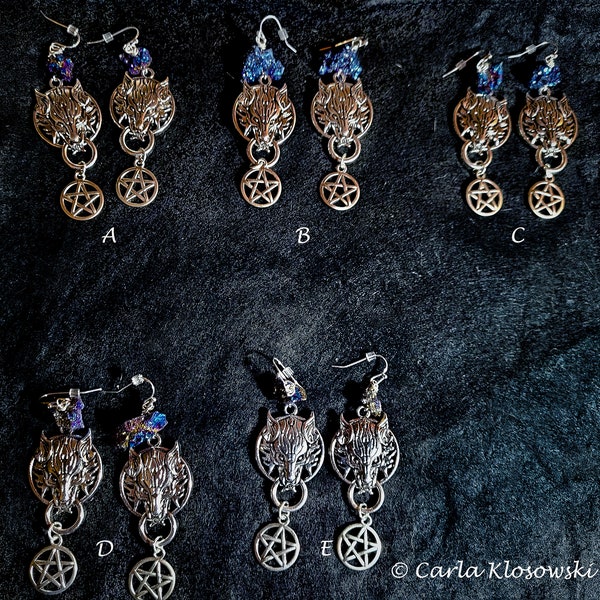 Wolf Earrings/ Pagan Earrings/Titanium Druzy Agate/  Fenrir Earrings/  wolf of Norse mythology aka Fenrisúlfr/ Pentacle Pagan Symbolism/