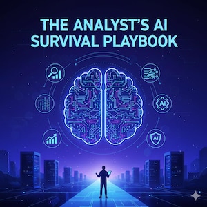 May include: Digital illustration featuring the text "THE ANALYST'S AI SURVIVAL PLAYBOOK" above a glowing brain graphic. A silhouetted figure stands on a path, holding a tablet, with server racks and city buildings in the background. The image has a blue and purple colour scheme.