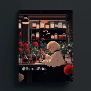 Apotheker Mädchen Kunstdruck — Dunkles Botanisches Anime Poster — Potion Lab Wandkunst — Hexenhafte Ästhetik mit roten Blumen & Gläsern