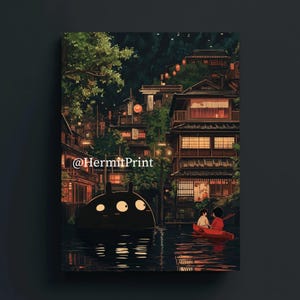 Cozy Lantern Village Print — Ghibli-Inspired Japanese Town ft. Children in Canoe — Whimsical Anime Night Scene — Lo-fi Cottagecore Wall Art
