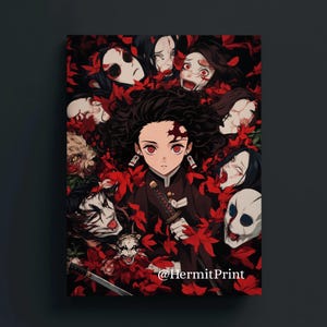 Tanjiro Kamado Art Print — Demon Slayer Fan Art — Kimetsu no Yaiba Dark Fantasy Wall Decor — Red Maple Leaves Japanese Manga Poster