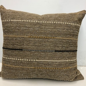 Rustic lodge pillow cover textured woven stripe in brown tan gold black 19 inch cabin lodge mountain decor  READY TO SHIP!