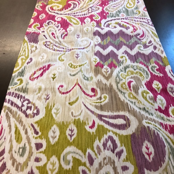 Bright bold paisley print in pink purple green tan table runner or bed scarf 16 by 84 inches READY TO SHIP!