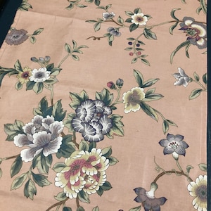 Pretty floral print table runner in lavender green beige gray on a pale pink background 20 by 52 inches READY TO SHIP