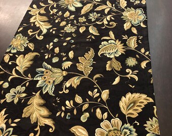 Black pale teal gold stylized floral cotton print table runner 16 by 53 inches READY TO SHIP