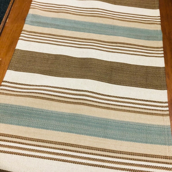 Farmhouse Table runner rustic simple pale blue brown cream woven  stripe 19 by 53 inches READY TO SHIP!