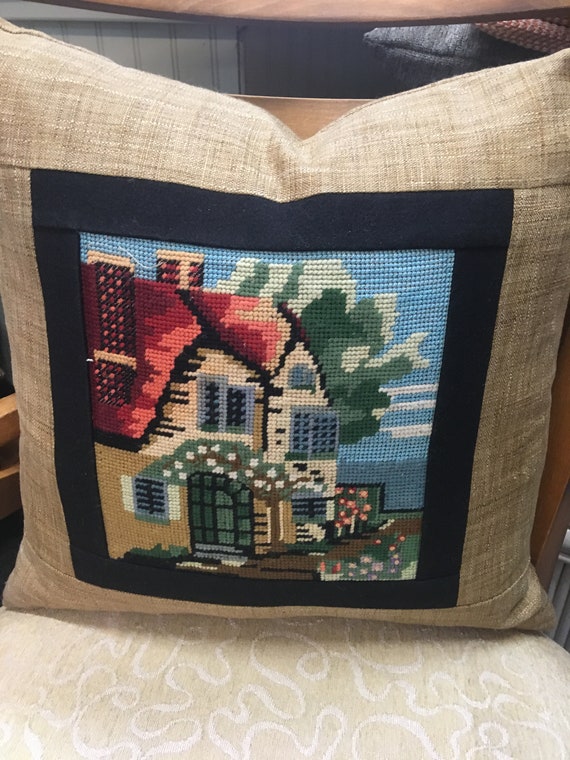 Vintage Finished Needlepoint Pillow Cover Tudor House Etsy