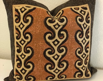 Batik Pillow Cover, Gold & Brown Tweed Border, 20-inch Square