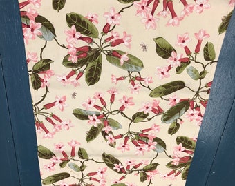 Tropical floral pink cream green cotton print table runner 19 by 53 inches reversible to check READY TO SHIP!