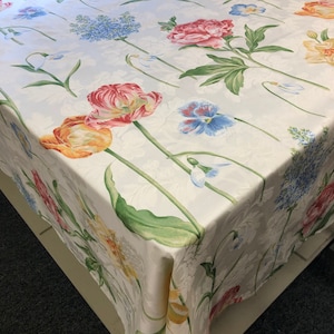 Tablecloth large floral design pastel colors white background cotton print 53 inches square overlay kitchen cloth patio cloth