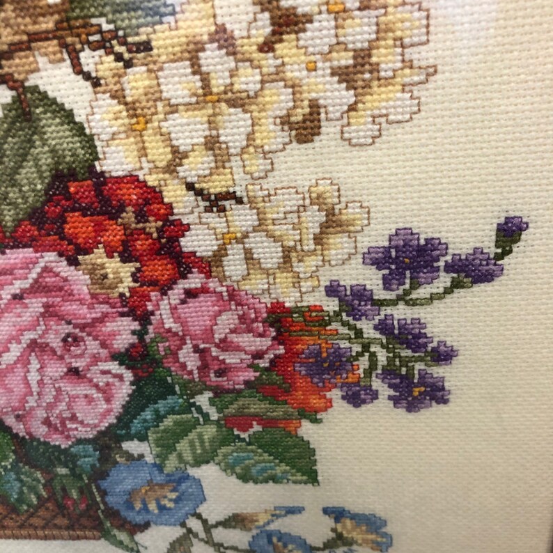 vintage framed cross stitch beautiful bouquet of flowers 18 by 22 inches