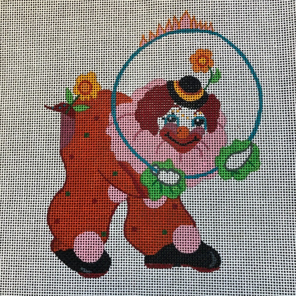 Needlepoint canvas kit Erico by Dede  clown with a hula hoop  15 inches square 12 mesh