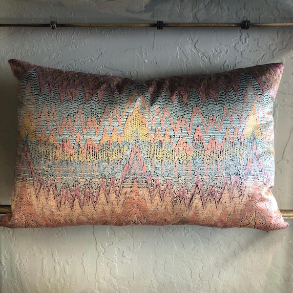 Abstract Lumbar Pillow: Muted Teal Peach Cotton, 13x20 Feather Down Fill