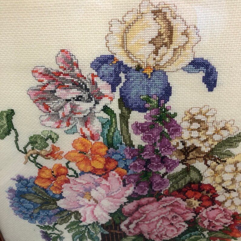 vintage framed cross stitch beautiful bouquet of flowers 18 by 22 inches