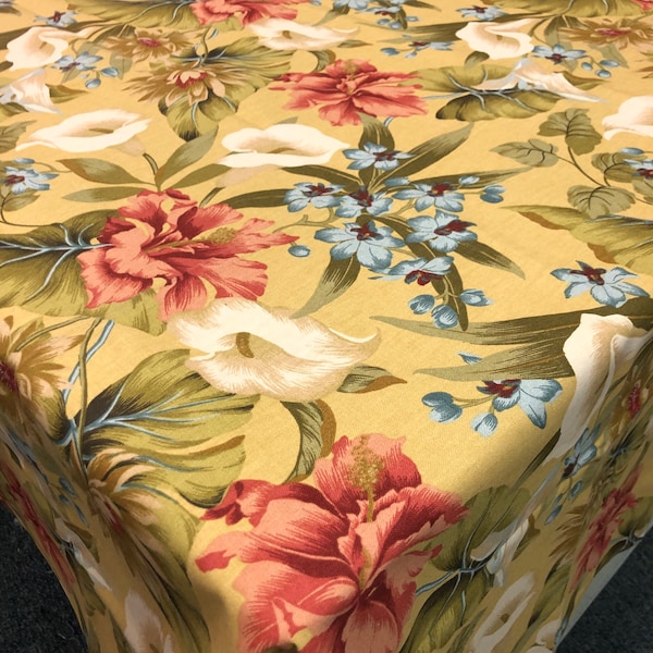 Tropical floral cotton print tablecloth in yellow green gold blue 53 inches square kitchen cloth patio cloth wedding cloth