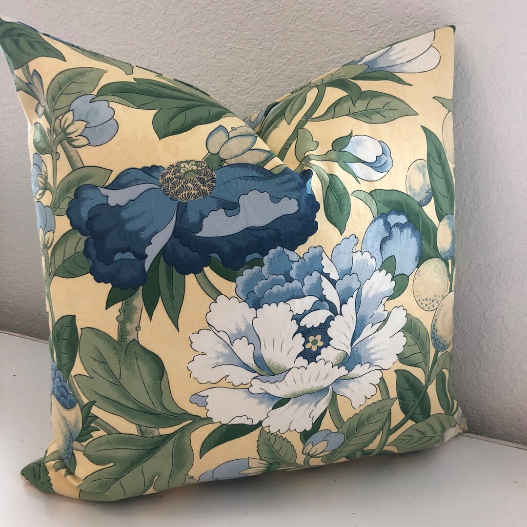 Large Floral Cotton Print Pillow Cover Yellow Blue Green White 20
