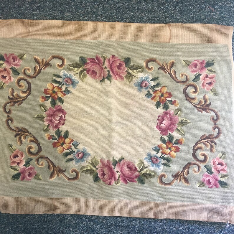 Vintage Finished Needlepoint Large Multicolor Floral Pale Etsy