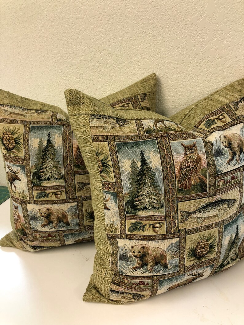 Lodge Cabin Mountain Wildlife Motif Pillow Covers a Pair Etsy