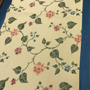 Gold blue red green cottage floral print table runner 20 by 52 inches subtle stripe gold background READY TO SHIP
