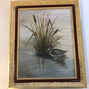 Vintage original framed oil painting duck near cattails by Sunday custom frame 14 by 17 inches
