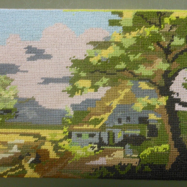 Vintage finished Needlepoint, Vintage Pillow Front,  Finished Landscape Needlepoint 10 by 14 inches