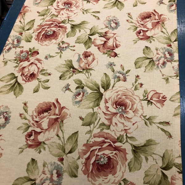 Pink pale gold rose green blue cotton cottage rose print  table runner 20 by 53 inches READY TO SHIP