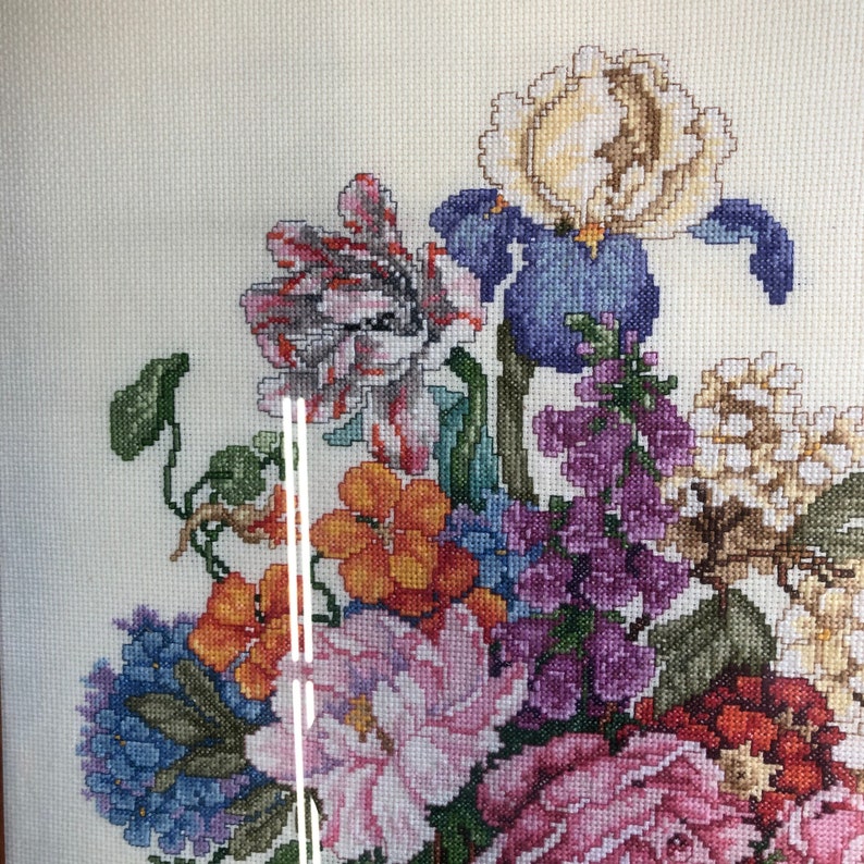vintage framed cross stitch beautiful bouquet of flowers 18 by 22 inches