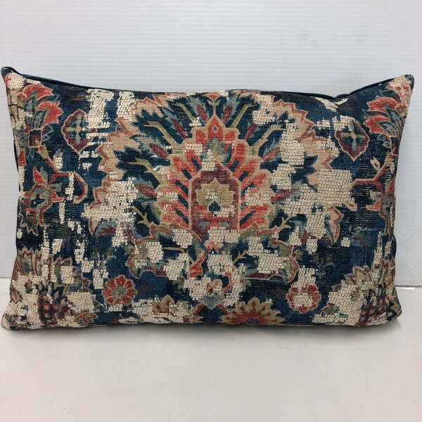 Accent lumbar pillow woven paisley  pattern in blue rust gold  off white13 by 20 inches feather/down fill zipper READY TO SHIP