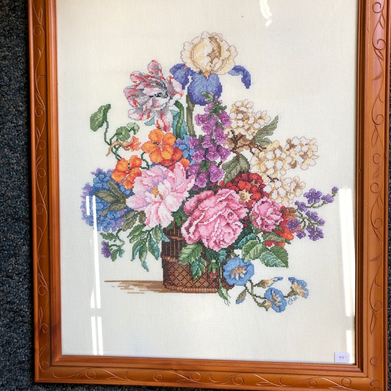 vintage framed cross stitch beautiful bouquet of flowers 18 by 22 inches