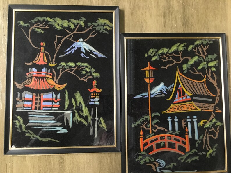 Vintage Paint By Number On Black Velvet Oriental Asian Design Image 0