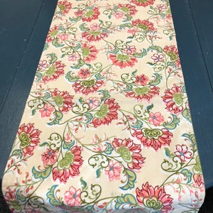 Pink green teal reversible cotton print table runner reversible to green teal stripe 18 by 70 inches READY TO SHIP